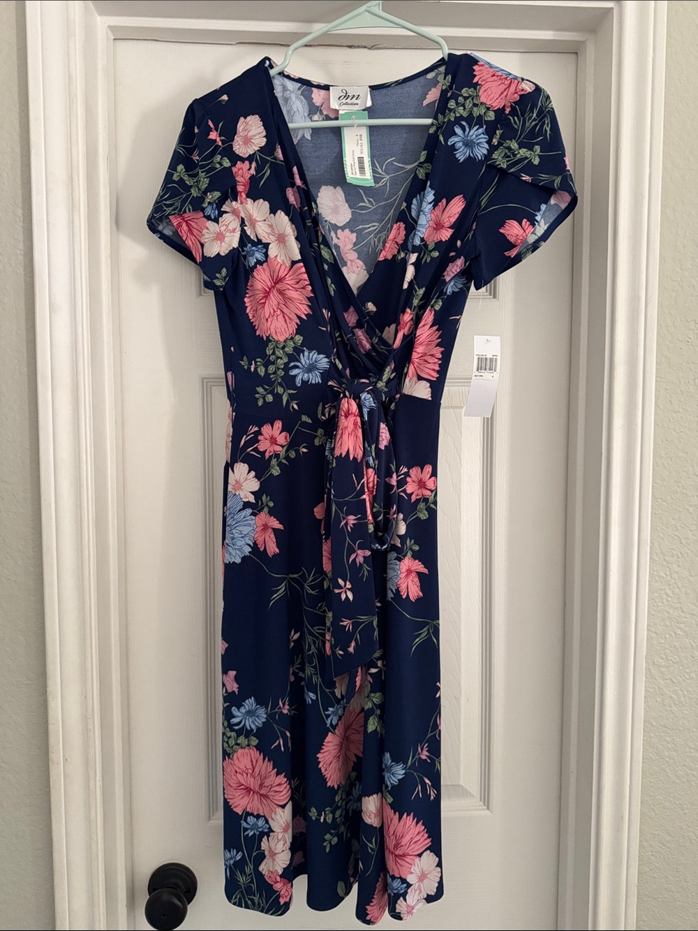 SD Collection Navy Floral Wrap Dress with Pink & Light Blue Flowers